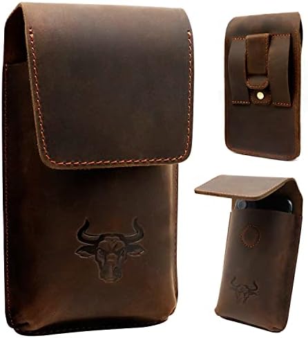 BULLMIND Phone Holster Leather for iPhone 14/13 Pro Max, Samsung Galaxy S23+ S22+ S21+ Leather Cell Phone Cases Holder Belt Clip Holster Magnetic Closure (Brown)