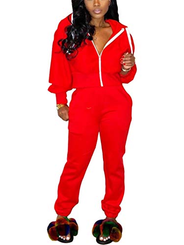 Kafiloe Sweatsuits for Women 2 Piece Casual Long Sleeve Zip Up Hoodies Sweatshirt High Waist Long Pants Tracksuit Outfits Clubwear Red