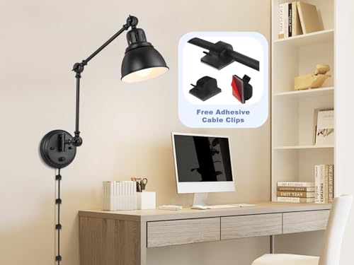 Image of GOODATE 2 Pack Plug in Wall Sconces, Dimmable On Off Switch, Swing Arm Wall Lamps, Wall Sconces Set of Two, Black Metal Industrial, Plug-in or Hardwired (Black, Without Bulbs+Remote)