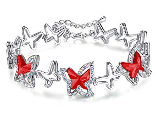 Gemmance Butterfly Link Charm Bracelet With Ruby Red Birthstone Crystal For January And July, Silver-Tone, 7”+2” Chain #TOP8