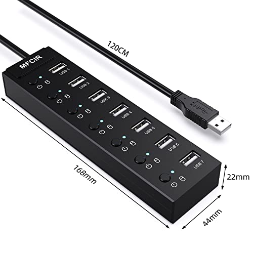 Mfcir-Powered-USB-Hub-7-Port-USB-Data-20-Hub-Multi-Port-USB-Splitter-with-Individual-OnOff-Switches-and-5V2A-Power-Adapter-Charging-USB-Extension-Multiple-for-MacBookLaptopPCComputer