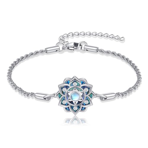 ONEFINITY Moonstone Lotus Bracelet 925 Sterling Silver Abalone Shell Lotus Flower Bracelets Yoga Jewelry Gifts for Women Mom
