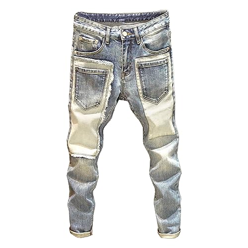 Mens Patchwork Slim Fit Jeans Cargo Multi-Pockets Jean Pants Contrast Color Regular Denim Pants