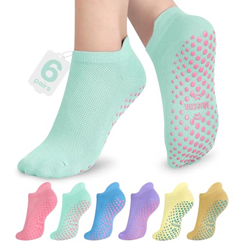 Muezna 6 Pairs Pilates Grip Socks for Women, Non Slip Yoga Socks with Grips, Grippy Socks for Barre, and Hospital