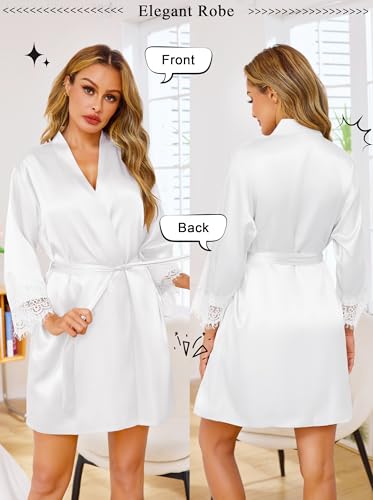 Wikoan Satin Bademantel Damen Morgenmantel Seide Leicht Kimono Bride V-Ausschnitt Kurzer Morgenmantel Sexy für Spa Haus und Hotel Weiß M