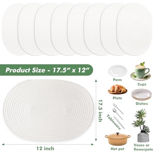 Oval Woven Placemats Set of 8 Heat Resistant Placemats 17 x 12 Inches Farmhouse Cotton Rope Place Mats for Dining Tables Trivets for Hot Dishes, White by Aertiavty - Image 3
