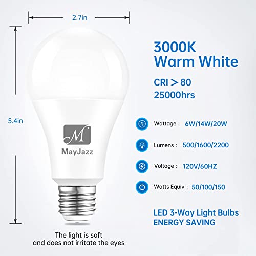 M Mayjazz 3 Way Led Light Bulbs 50 100 150 Watt Equivalent,A21 3000K Soft White,6-14-20W,E26 Medium Base,2 Pack #TOP5