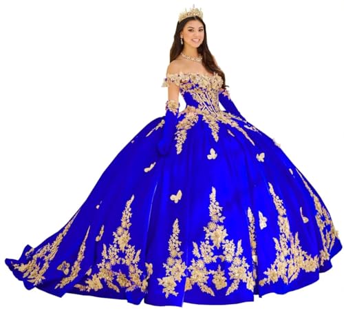 Off Shoulder Quinceanera Dresses Puffy Velvet 3D Flowers Ball Gown 3D Butterfly Sweet 15 16 Prom Dresses