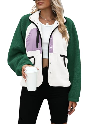 Yanekop Womens Fleece Jacket Fuzzy Long Sleeve Short Winter Coats Button Down Sherpa Jacket Outerwear with Pockets