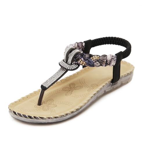 Womens Sandals Women's summer sandals with rhinestones, flat bottom, simple and sweet beach shoes, flip-flops, Bohemian sandals for women