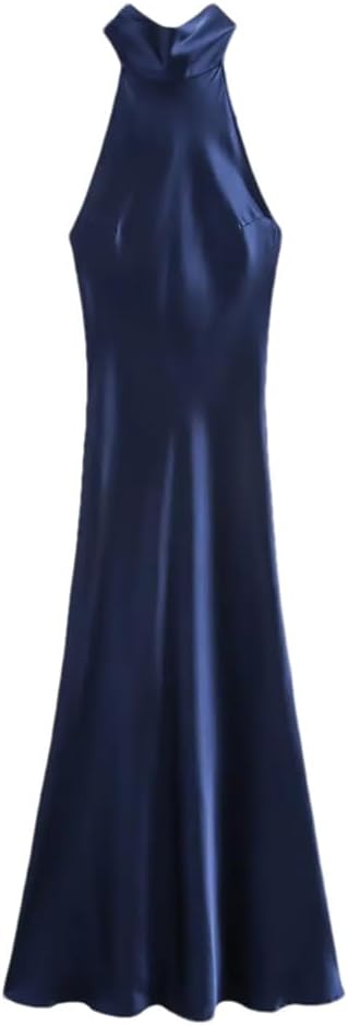 Women's Semi High Neck Satin Sleeveless Long Style Simple Temperament Sleeveless Dress