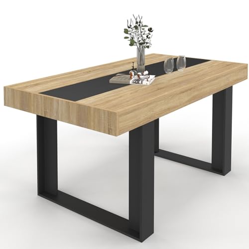 IDMarket PHOENIX - Mesa de comedor rectangular para 6 personas, madera y negro, 160 cm, con banda central negra