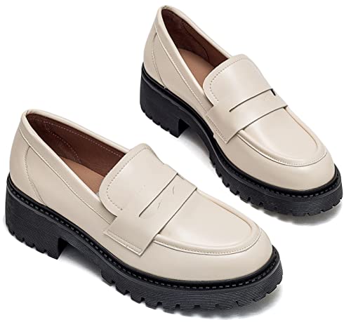 Image of Women's Classic Simple Mid Heel Oxfords Penny Loafers Comfortable Slip On Dress Shoes