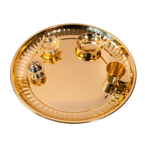Brass Pooja Thali Set with Accessories, Traditional Golden Prayer Plate for Rituals and Festivals