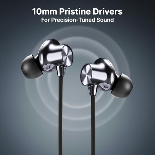 Image of pTron Tangent Eon w / 50Hrs Playtime, Immersive Sound, HD Mic & AI-ENC Clear Calls, Dual-Device Pairing, Magnetic On /Off Function, BT5.4 Wireless Neckband, Voice Asst., Type-C Charging & IPX5(Obsidian)
