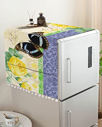 Fridge Dust Cover, Yellow Flower Washing Machine Top Covers, Purple Retro Botanical Butterfly Modern Abstract Art Polyester Kitchen Refrigerator Covers Protector Storage Organizer Bags, 28" X 67" #TOP3