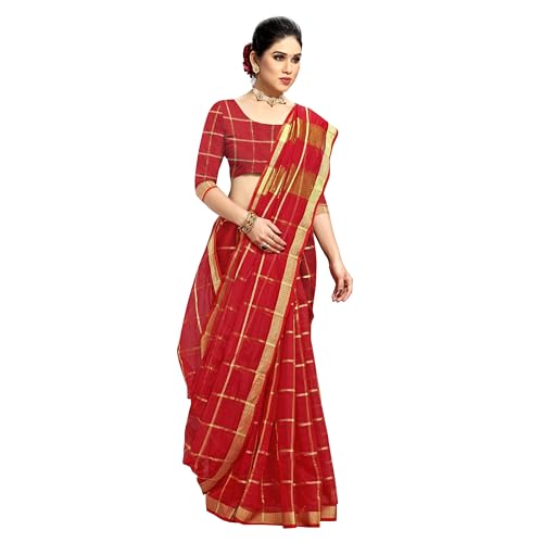 Image of StyleScope Women's Kota Doria Cotton Zari Checks Manipuri Saree With Unstitched Blouse Piece (Malanng)