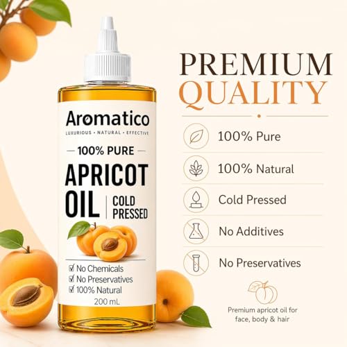 Image of AROMATICO Cold Pressed Apricot Kernel Oil for Hair & Skin - Lightweight Carrier Oil for Dry Skin, Hair Nourishment & Body Massage | 200ml