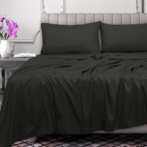 Image of Royale Linens 300 Thread Count 100% Long Staple Combed Cotton Flat Sheet - Super Soft - Top Sheets - Full Flat Sheet Sold Separately - Breathable, Cool & Crisp Percale Sheets Only (Twin XL, Black)