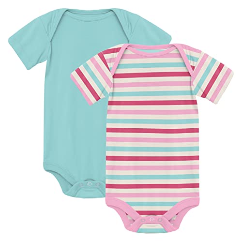 KicKee Pants Baby One-Piece Set of 2, Short Sleeve Bodysuits, Signature Fabric Viscose from Bamboo, Fashionable Baby Clothes (Sock Hop Stripe & Summer Sky - 0-3 Months)
