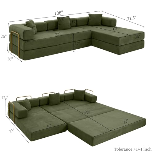 Image of HANXIN 108 inch Modular Sectional Sofa, Futon Convertible Sofa Bed,Oversized Corduroy Boneless Couch for Living Room,Floor Loveseat Sleeper with Pull Out Bed,Free Combination,No Assembly Required (Green)