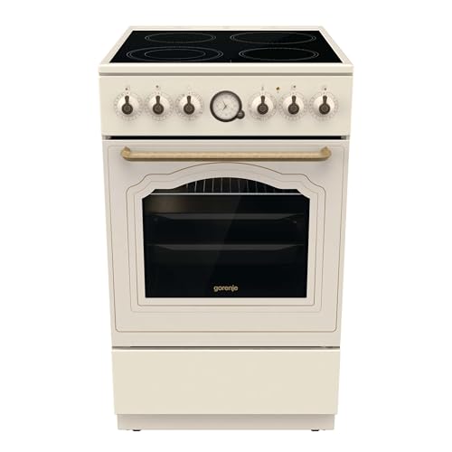 Gorenje Classico GECS 5B70CLI Elektrostandherd mit Glaskeramik-Kochfeld/Retro Design / 50cm / 70 Liter/Gentle Close/Schnellaufheizung/AirFry/ExtraSteam/Pizzamodus/AquaClean/champagne
