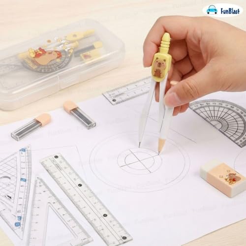 Image of FunBlast Capybara Theme Compass Set - 7 Pcs Transparent Geometry Box with Protector, Set Squares, Ruler, Compasses, Ruler Set, Math Geometry Kit for Student & Professional (Yellow2)