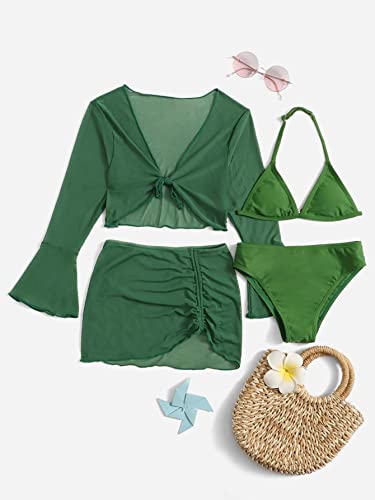 Oyoangle Girl's 4 Pieces Bikini Set Swimsuit Halter Bathing Suit With Mesh Cover Up Skirt Set Green 150 #TOP2