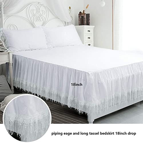 Fadfay White Boho Bedding Sets 4 Pcs Twin Size 100% Cotton Soft Bedding Set Tassel Fringed Duvet Cover Set Long Drop 18In Bedskirt Romantic Girls Bedding For Bedroom #TOP2