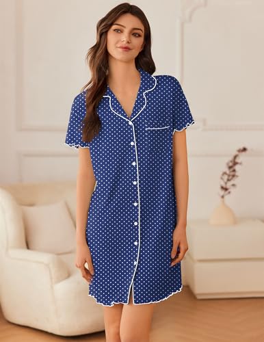 Image of Ekouaer Nightgowns for Women Button Down Sleep Shirt Short Sleeve NightShirts Boyfriend Sleepdress Soft Pajama Dress