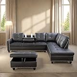 GlasFlength L Shaped Sectional Sofa with Ottoman, Nail-Head Design Leather Right Facing Modern Couches with Cup Holder for Living Room, Bedroom, Office, Black Leather