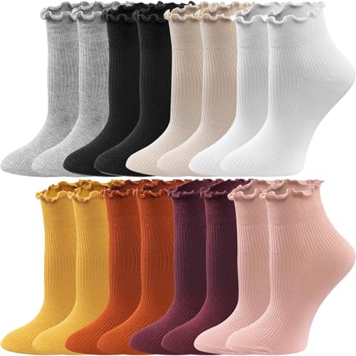 Image of 8 Pairs Cute Ruffle Frilly Ankle Socks Women, Lace Lettuce Socks