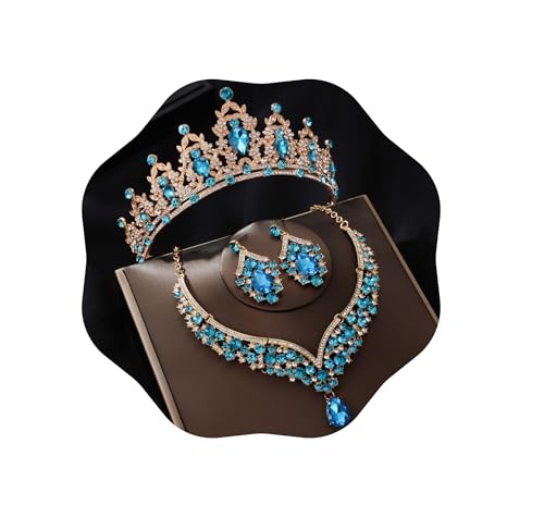 FIRCRE Crowns and Tiaras jewelry sets for Wedding princess birthday party Halloween Prom Pageant Jewelry for Women Crystal Bridal Jewelry Set for women (Golden lake blue)