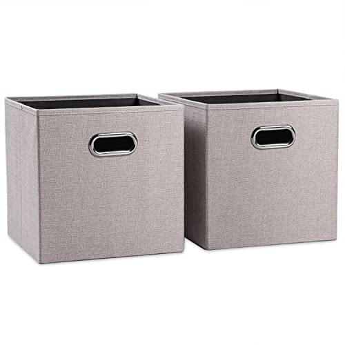 Prandom Linen Fabric Foldable Cube Storage Bins 13X13 Inch [2-Pack] Fabric Storage Baskets Cubes Drawer With Cotton Handles Organizer For Shelves Toy Nursery Closet Bedroom Clothes Light Grey #TOP6