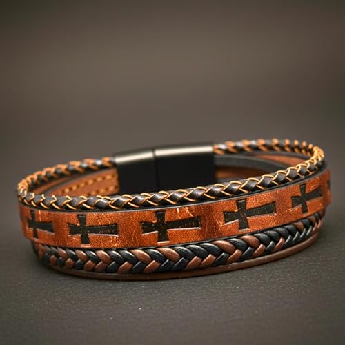Image of THE MEN THING Leather Bracelet for Men - American Style Genuine Leather Multi-Layer Braided Bracelet with 100% Stainless Steel Magnetic Buckle for Men & Boys (8 inch)