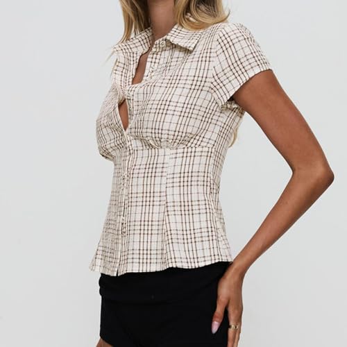 Image of Y2k Girls Vintage Coquette Button Down Shirt Women Short Sleeve V-Neck Slim Fitted T-Shirt Cute Blouse Crop Top