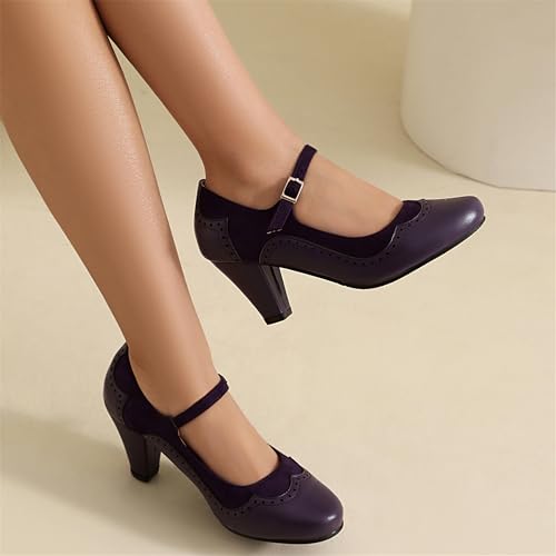 Image of Elerhythm Women's Mary Jane Classic and Retro 1920s Pump Heels Gatsby Oxford Pattern 1950s Pinup Vintage Round Closed Toe 1940s Ankle Strap Dress Shoes