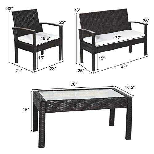 Image of Carry Bird 4 Piece PE Wicker Rattan Outdoor Furniture | 4 Seater Balcony Sofa With Tea Table | Set of 2+1+1 Outdoor Patio Chairs with Coffee Table | Sofa Sets & Center Table for Home & Garden | 3 Piece Patio Stools with Table | Indoor Patio Furniture Set Space Saving | Rattan Chair | Patio Set | Wicker Conversation Set | Poolside Lawn Arm Chairs Set For Balcony & Terrace | Balcony Table chair Set | Hotel Patio Seating Chair & Table Set with Glass | Brown Sofa White Cushion