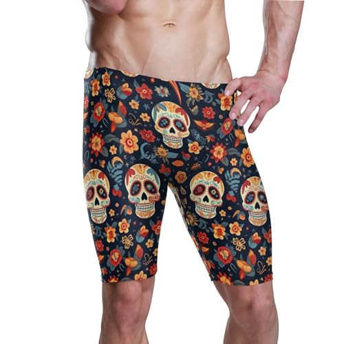 UMIRIKO Sugar Skull Skeleton Gothic Flowers Men's Swimsuit Swim Jammers L B0402997