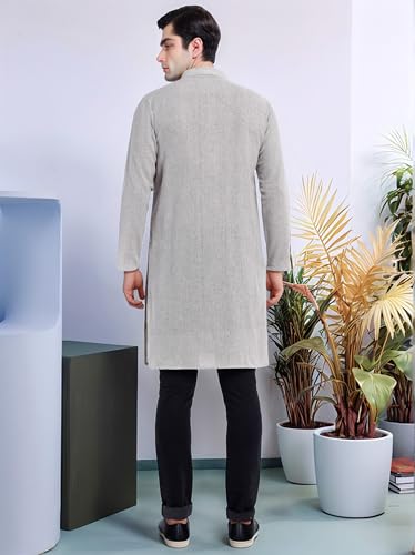 SKAVIJ Men's Handloom Cotton Solid Henley Long Sleeves Straight Knee Length Long Shirt2