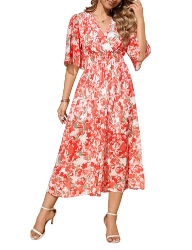 PASUDA Robe Longue Femme Été Manches Courtes Col V Chic et Elegant Floral Robe D'été Taille Haute Élastique Bohème Robe de Plage Décontractée Fête...