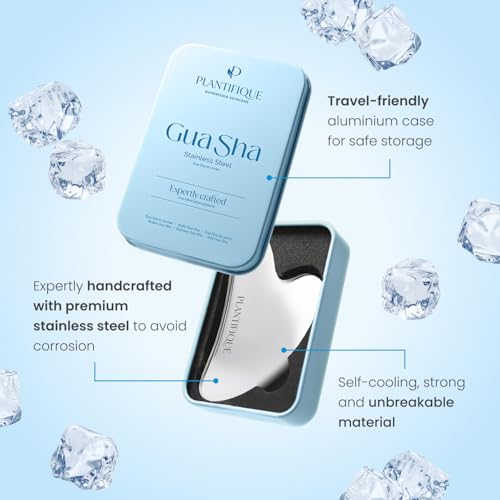 Image of PLANTIFIQUE Stainless Steel Gua Sha | Facial Tool | Skin Massage for Face Body Eyes Neck Heart Style with Travel Pouch | Skin Care Gift