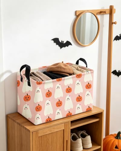 Image of Essme Rectangular Halloween Baskets,Ghost Storage Box,Cute Basket for Kids with Handles for Room Decor, Book Bins,Shelf Basket.(Cute Ghost)