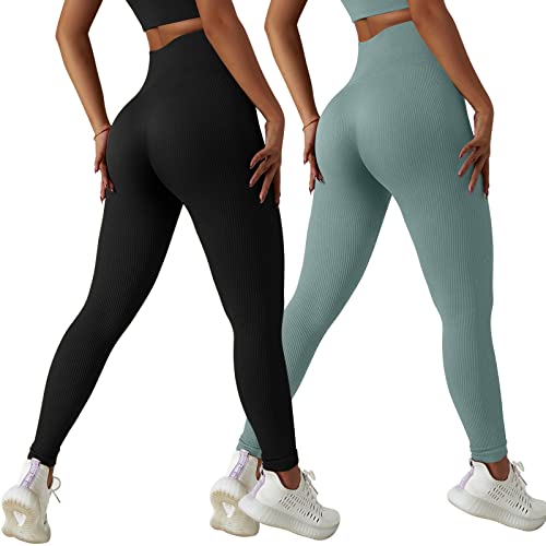 Xunerloy 2er-Pack Sport Leggings Damen Gerippt Seamless Gym Leggins Sporthose High Waist Bauchweg Fitness Yoga Leggings Damen Lang Shape Sportleggings Blickdicht Schwarz Grau - L Cover