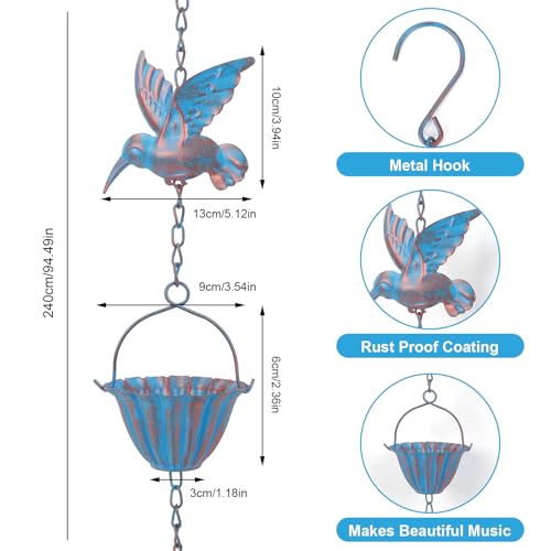 Tefola 2,4m Regenkette mit Kolibris - Regenablaufkette aus Metall in Retro-Blau, 7 Vögel & 7 Tassen für Dachrinnen, Garten- und Hausdekoration