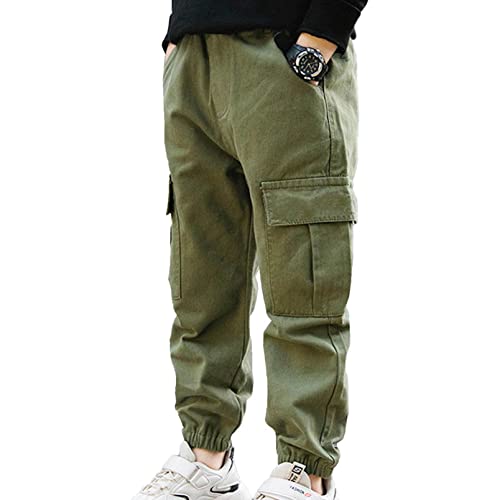 inhzoy Garçon Pantalon Cargo Coton Élastique pour Enfant Bas de Sport Jogging Léger Pants avec Poches Pantalon Danse Hip Hop Survêtement Streetwear 5-14 Ans Vert 11-12 Ans Cover