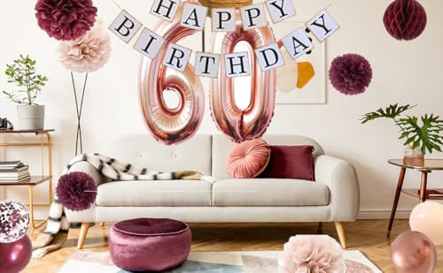 Image of 60th birthday decorations women - Rose gold 60 birthday party supplies for Happy Womens with Fabulous Champagne burgundy flowers Balloons Tissues Decor (burgundy + Champagne)