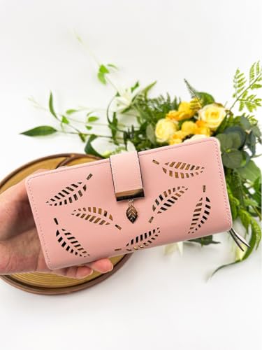 Women's Leather Wallet Credit Card Holder Purse Leaf Bifold Long Wallet Elegant Purse Buckle Zipper Clutch, Pink