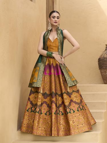 Image of PURVAJA Women's Kanjiwaram Semi-Stitched Lehenga choli