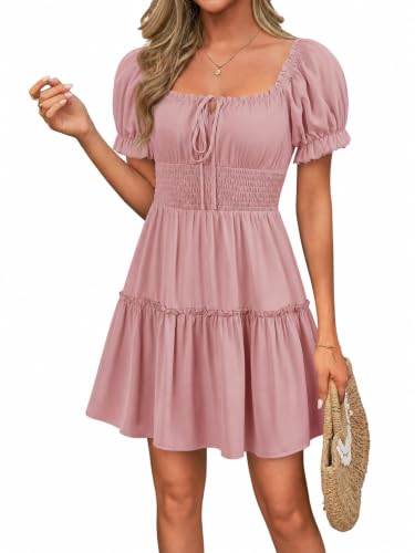 Image of Womens Babydoll Mini Dress Casual Square Neck Short Sleeve Summer Dresses | Empire Waist, Smocked, Flowy, Short Beach Dress, Vacation, Floral, Boho